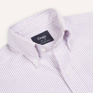 Drake's - Lilac Ticking Stripe Cotton Oxford Cloth Button-Down Shirt - Size 15
